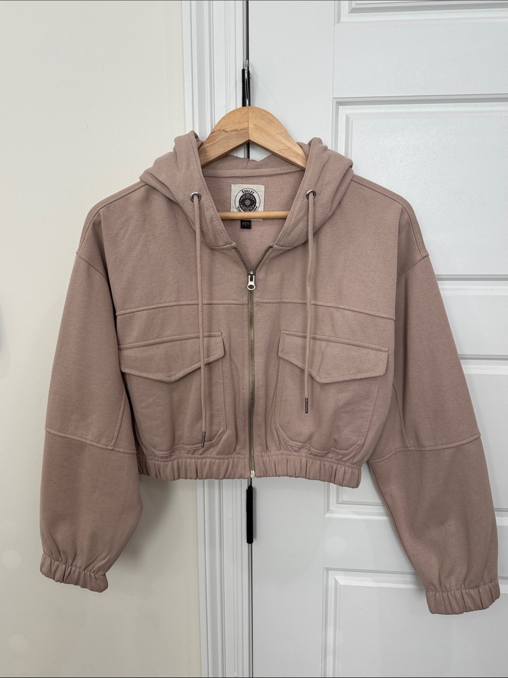 Ashley Vintage Charm Juniors Cropped Zip-up Hoodie Jacket Tan Taupe, Large